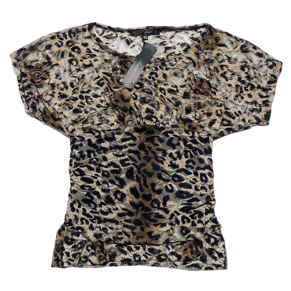 HEART Soul Brown & Black Leopard Animal Print Short Boxy Sleeve Blouse NWT XS